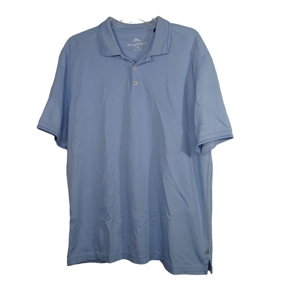 Tommy Bahama Blue Stripe Collared Polo Shirt Men Size L Short Sleeve FLAW